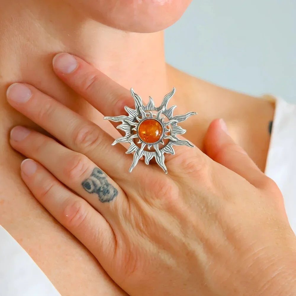 Baltic Amber Sun Ring in 925 Sterling Silver- Adjustable Size